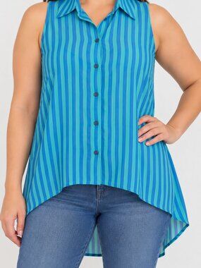 Sheer Luck Blue Green Striped Rayon Sleeveless Hi Low Blouse L